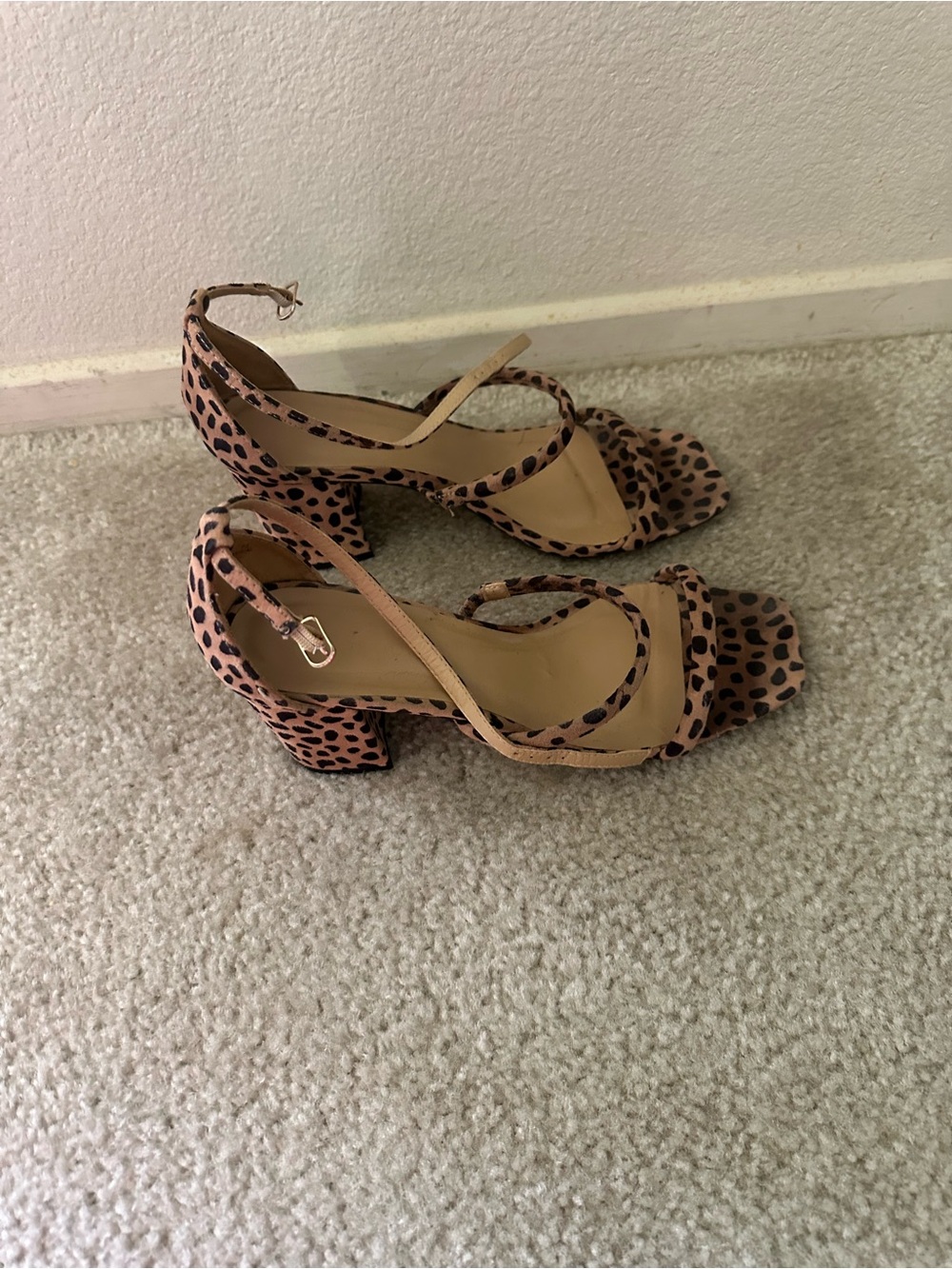 BAMBOO Pink and Tan Leopard Print Block Heel Sandals